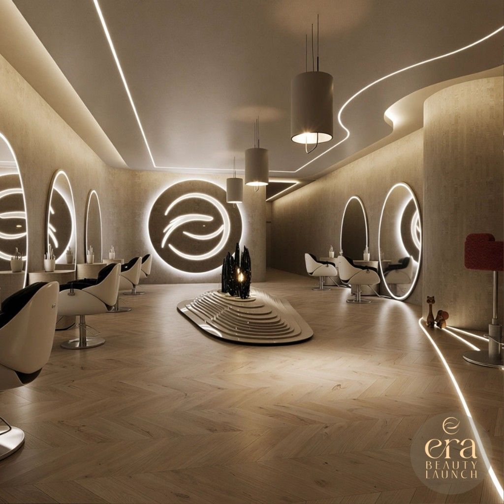 ERA Cosmetology Clinic interior with treatment stations, warm lighting and a central reception area