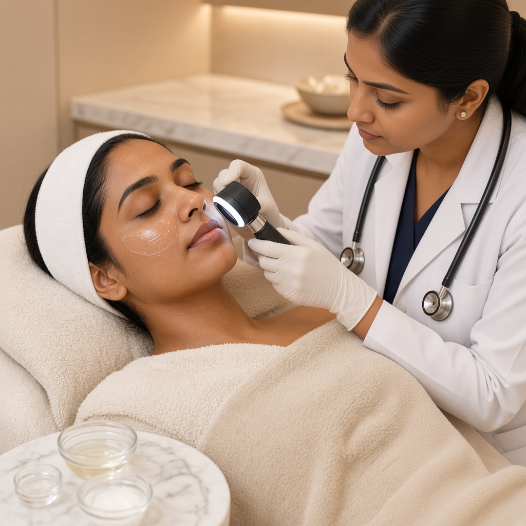 Dermatologist examining skin with a dermatoscope